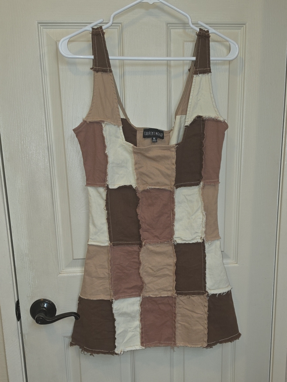 Current Mood Patchwork Mini Dress in Brown, Tan & Cream